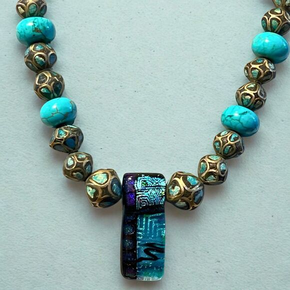 Real Turquoise Inlay & Silver Beaded Necklace W/ Dichroic Art Glass Pendant - Picture 2 of 7